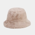 Detailed close-up of fluffy faux fur texture on a warm winter bucket hat in beige - M (56-58cm) / Khaki