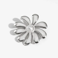Silver flower brooch featuring shiny metallic petals and a white faux pearl center - 316 Stainless Steel / Silver Teardrop Petal Pearl Flower (PX009) / Silver