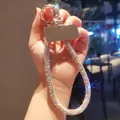 Luxury rhinestone phone wrist strap with shimmering crystals and metal ring clasp - Short Thick Full Rhinestone Lanyard + Metal Patch / Iridescent