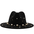 Cappello fedora in lana nera a tesa larga con decorazioni di perle e borchie metalliche - M(56-58cm) / Nero
