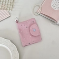 Pink canvas card holder with silver stars, blue heart detail, and white plastic ring hook - Pink