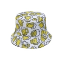 Summer sun bucket hat with yellow beer glass print on white canvas for beach holidays - White Beer Print
