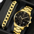 Gold Geneva business watch with black dial and matching Cuban link bracelet set - Gold Black 1 + Bracelet