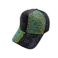Detailed view of color-blocked rhinestones on a stylish fashion baseball cap - Green
