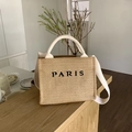 Beige Stroh-Tragetasche mit Paris-Stickerei und weißen Schultergurten für den Sommer - Klein Khaki