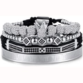 Detail showing stacked men's bracelets with silver crown, cubic zirconia, and Roman numerals - Silver Set 4pcs (Crown + Cube + Pagoda Tube + Roman Bangle)