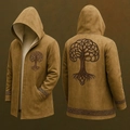 Detail view of brown hoodie featuring Celtic Tree of Life embroidery and tribal borders - Xjk01025072312
