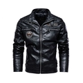 Men's black PU leather biker jacket with quilted shoulders and racing badges - L / Black