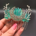 Silver metal hair comb with green crystal pillars and crescent moon branch design - Green + Branch + Moon