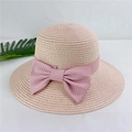 Summer straw sun hat for women with pink ribbon bow on white background - M (56-58cm) With Wind Rope / Light Pink