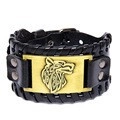 Men's double-layered black leather bracelet with golden wolf head alloy buckle - Black PU + Antique Bronze