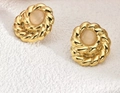 French vintage gold earrings with cream stone in twisted rope setting - ED14-Twisted Rope Cat Eye