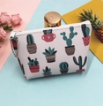 Detail of white PU coin purse featuring cactus prints and a metal zipper pull chain - Cactus-4