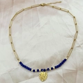 Bohemian gold stainless steel necklace with blue beads and a tropical monstera leaf pendant - Dark Blue