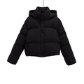 Women's casual black hooded puffer jacket in a stylish short minimalist design - XS / Black