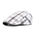 Classic black and white plaid flat cap with dark brim for a retro newsboy style - Adjustable / White