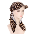 Detailed view of leopard print turban cap with sun visor and soft scarf ties - Leopard Print