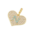 Macro detail of gold heart pendant with micro-paved crystals and turquoise letter N - VD1421 Gold Blue Initial N