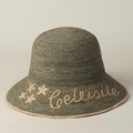Detailed view of raffia sun hat featuring star embroidery and fine woven texture - M (56-58cm) / Green