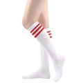Detailed view of white knee-high socks with three classic red stripes in JK school style - One Size / White/Red Stripes