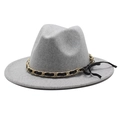 Detail of grey wool fedora featuring golden chain trim and black ribbon bow accent - M (56-58cm) / Light Heather Grey