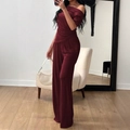 Deep red two-piece set featuring off-shoulder short sleeve top and wide-leg trousers - S / Burgundy