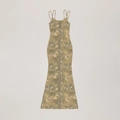 Fitted maxi dress with adjustable thin straps featuring a green and beige marble print - S / Hurricane Camouflage