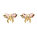 Close-up of gold butterfly earrings with colorful zircons and pink enamel inlay detail - Gold Butterfly - Pink Enamel