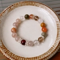 Colorful natural gemstone beaded bracelet with vintage silver petal spacers for women - 61# Coffee Stone Flower