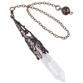 Hexagonal clear quartz crystal pendulum with antique bronze metal flower cap and fine chain - Standard Chain Style / White Crystal