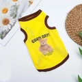 Detail of yellow breathable mesh pet vest with bear print and brown piping for summer - S / Yellow