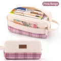 Pink plaid telescopic canvas pencil case with large capacity and foldable stand function - 976 Pink/Beige Plaid