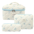 Quilted cotton floral 3-piece makeup bag set with blue bow pattern and zip closure - Blue Bow