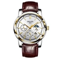 Men's silver white multifunctional watch with gold indices and brown leather strap - Fortune Leather Two-tone Case White Dial Brown Strap