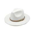 Close-up of a white flat brim Fedora with a brown leather belt buckle detail and golden pin - M(56-58cm) / White
