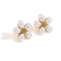 French style 18K gold plated pearl flower stud earrings with a vintage curled edge - French Imitation Pearl Flower Stud Earrings - Gold
