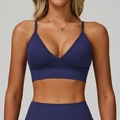 Seamless V-neck yoga bra in deep purple with thin double straps and ribbed fabric - Navy Blue