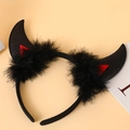 Sparkly black devil horn headband with red sequins and soft feather trim for parties - Black Glitter Horn