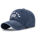 Navy blue washed denim baseball cap with white 3D New York embroidery at a 45-degree angle - Adjustable / Navy Blue