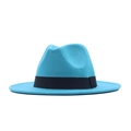 Classic lake blue wool felt fedora hat with elegant black ribbon band for women - M (56-58cm) / Sky Blue