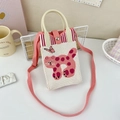 Close-up of pink knit crossbody bag featuring cute leopard cat and butterfly patterns - 8-Pink and White Cat and Butterfly