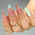 Matte grüne French Stiletto Kunstnägel mit Blumenakzenten und blauen Rheinsteinen - Französischer matter Blumen-Blau-Strass-Stil (JP2004)