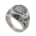Vintage silver Viking Valknut ring with stainless steel finish and Nordic knot patterns - US 7 / Vintage Silver (Steel 14107)