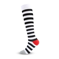 Knee-high compression socks with black white stripes, red heel and grey toe design - Red Heel Black White Stripes