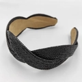 Detail showing the black woven raffia texture and beige inner lining of the wide headband - Black Woven (FK-B056)