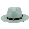 Cappello fedora in paglia verde menta con cinturino in pelle e teschio di bue in stile vintage - M (56-58cm) / Verde Menta