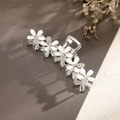Silver hair clip with white five-petal flowers and sparkling rhinestones for women - Six-Flower Alternating Size Rhinestone Decor / Silver Pearl