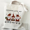 Christmas gnome canvas tote bag featuring Hanging With My Gnomies print in beige - Gnome Gnomies (04) / White