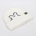 Detail of white beanie with cartoon bear embroidery and olive green woven side label - White