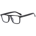 Retro black square frame glasses with silver rivets and anti-blue light clear lenses - Bright Black Clear Anti-Blue Lens